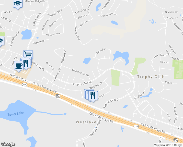map of restaurants, bars, coffee shops, grocery stores, and more near 7 Lee Ct in Trophy Club