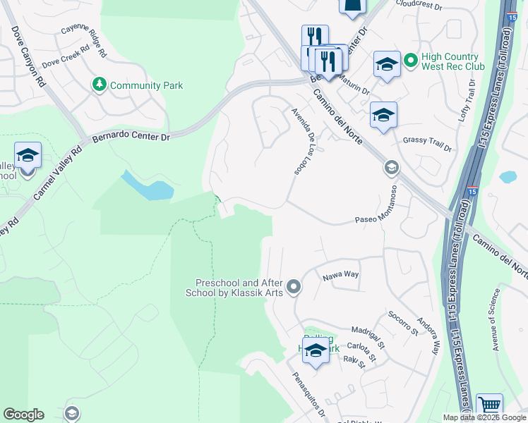 map of restaurants, bars, coffee shops, grocery stores, and more near 10985 Avenida De Los Lobos in San Diego