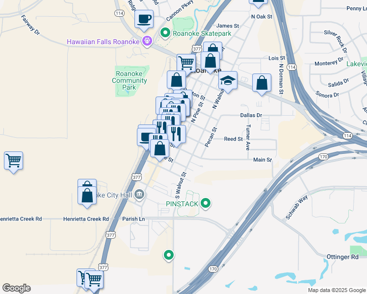 map of restaurants, bars, coffee shops, grocery stores, and more near 301 Main Street in Roanoke