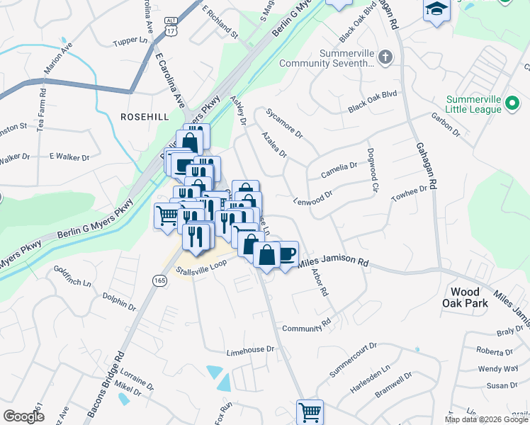 map of restaurants, bars, coffee shops, grocery stores, and more near 405 Rose Lane in Summerville