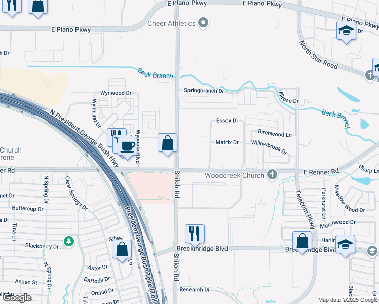 map of restaurants, bars, coffee shops, grocery stores, and more near 3510 Shiloh Road in Richardson