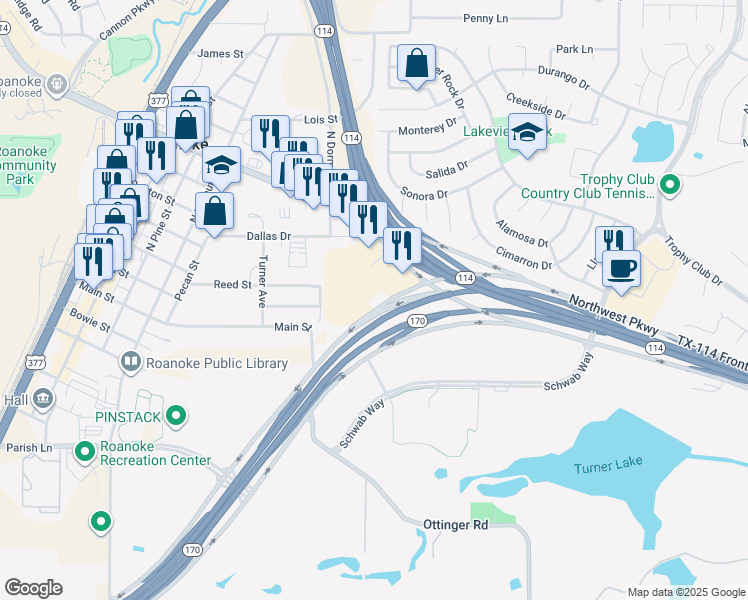 map of restaurants, bars, coffee shops, grocery stores, and more near Texas 170 in Westlake
