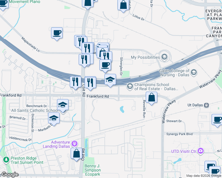 map of restaurants, bars, coffee shops, grocery stores, and more near 8080 West President George Bush Highway in Dallas