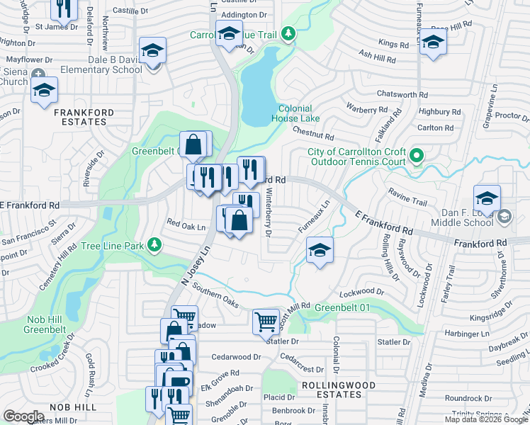 map of restaurants, bars, coffee shops, grocery stores, and more near 2000 White Ash Road in Carrollton