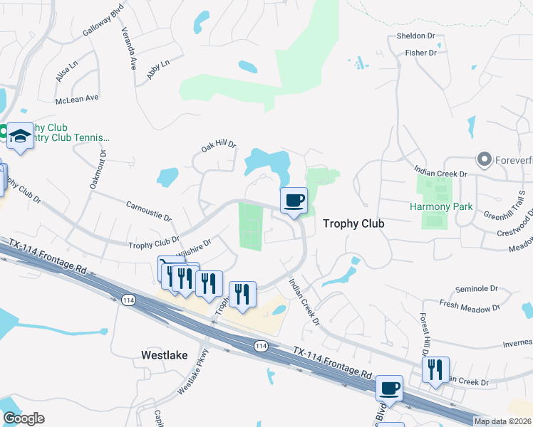 map of restaurants, bars, coffee shops, grocery stores, and more near 128 Summit Cove in Trophy Club