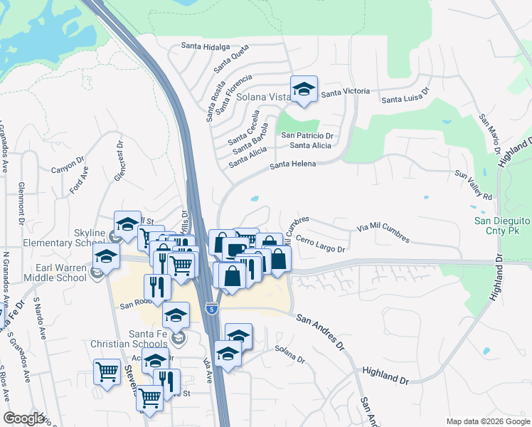 map of restaurants, bars, coffee shops, grocery stores, and more near 1047 Santa Helena Park Court in Solana Beach
