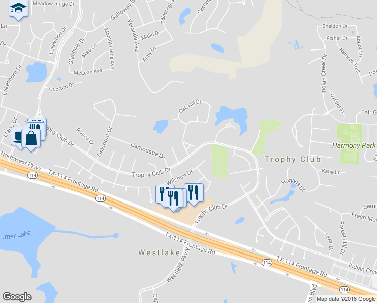 map of restaurants, bars, coffee shops, grocery stores, and more near 101 Oak Village Ln in Trophy Club