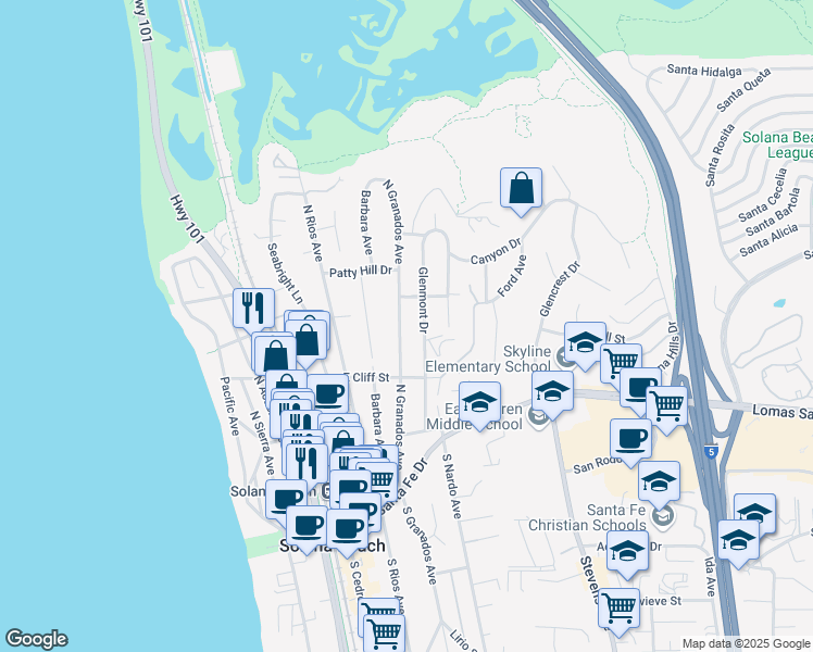 map of restaurants, bars, coffee shops, grocery stores, and more near 514 North Granados Avenue in Solana Beach