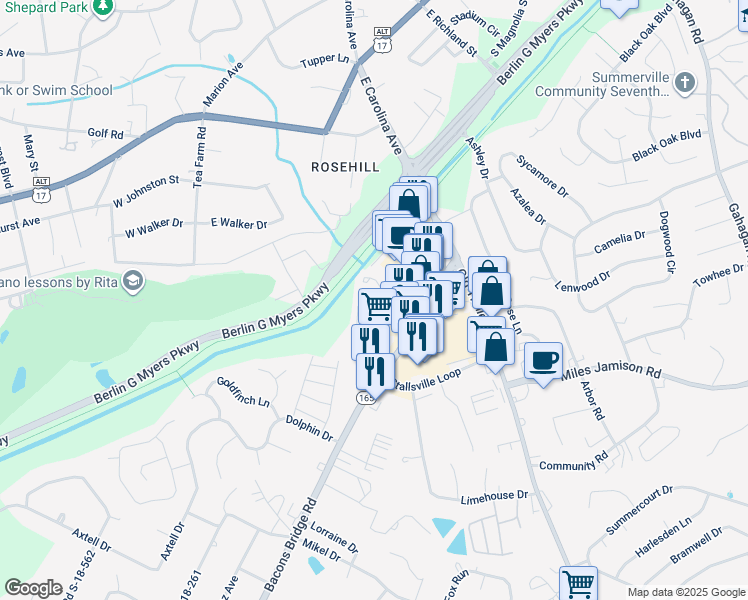 map of restaurants, bars, coffee shops, grocery stores, and more near 100 Peacock Place in Summerville