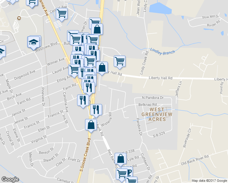 map of restaurants, bars, coffee shops, grocery stores, and more near 120 Wisteria Road in Goose Creek