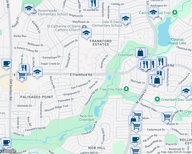 map of restaurants, bars, coffee shops, grocery stores, and more near 1737 San Francisco Street in Carrollton