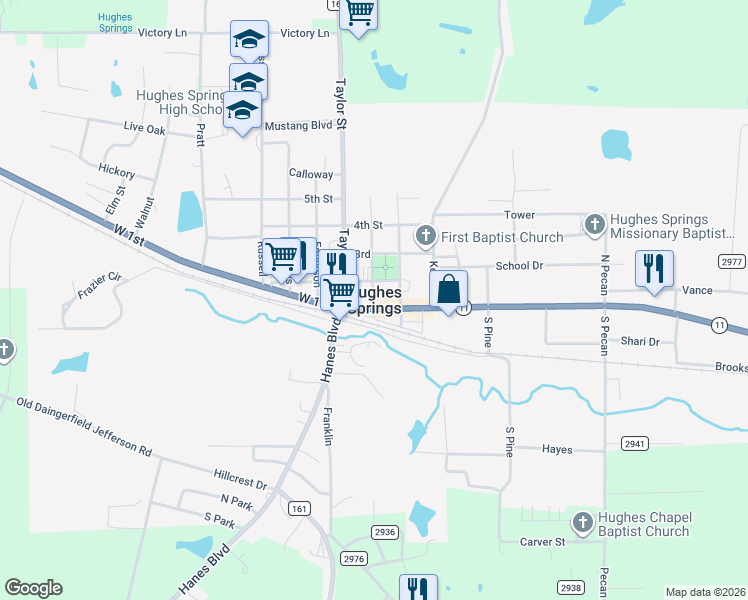 map of restaurants, bars, coffee shops, grocery stores, and more near in Hughes Springs