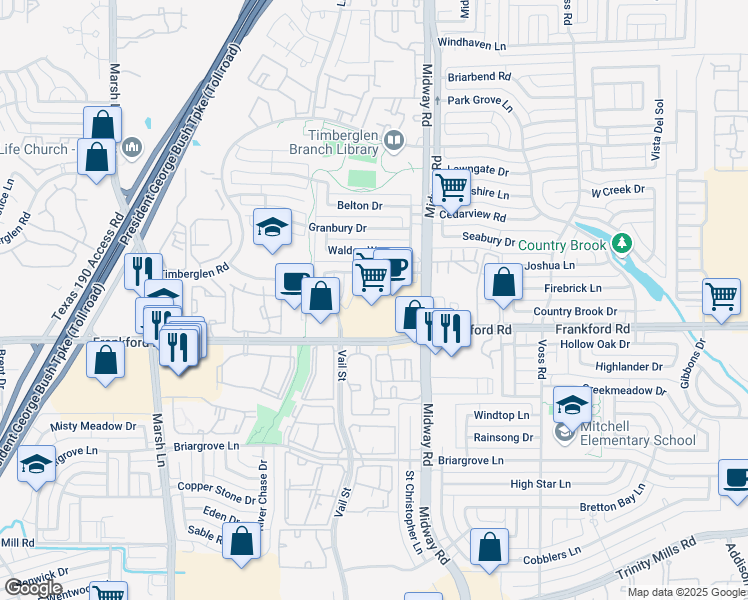 map of restaurants, bars, coffee shops, grocery stores, and more near 3939 Frankford Road in Dallas