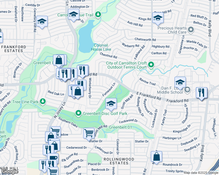 map of restaurants, bars, coffee shops, grocery stores, and more near 2023 White Ash Road in Carrollton