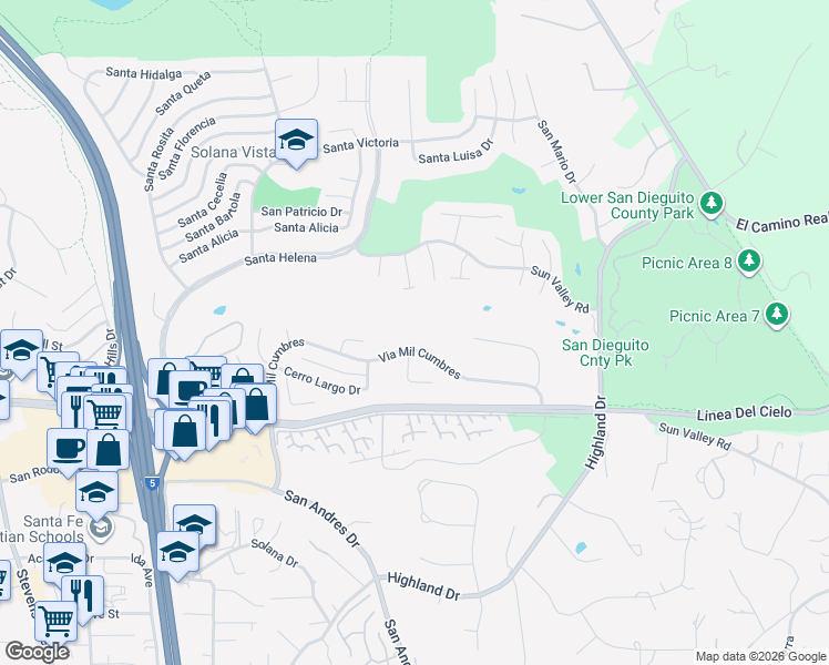 map of restaurants, bars, coffee shops, grocery stores, and more near 1202 Via Mil Cumbres in Solana Beach