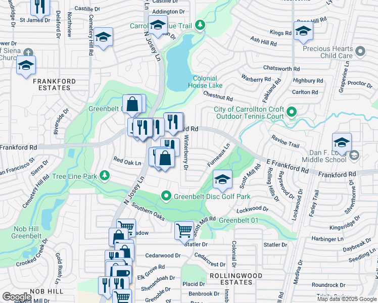 map of restaurants, bars, coffee shops, grocery stores, and more near 2000 White Ash Road in Carrollton