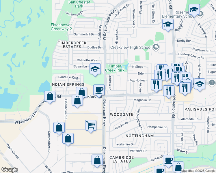 map of restaurants, bars, coffee shops, grocery stores, and more near 3105 Andrew Lane in Carrollton