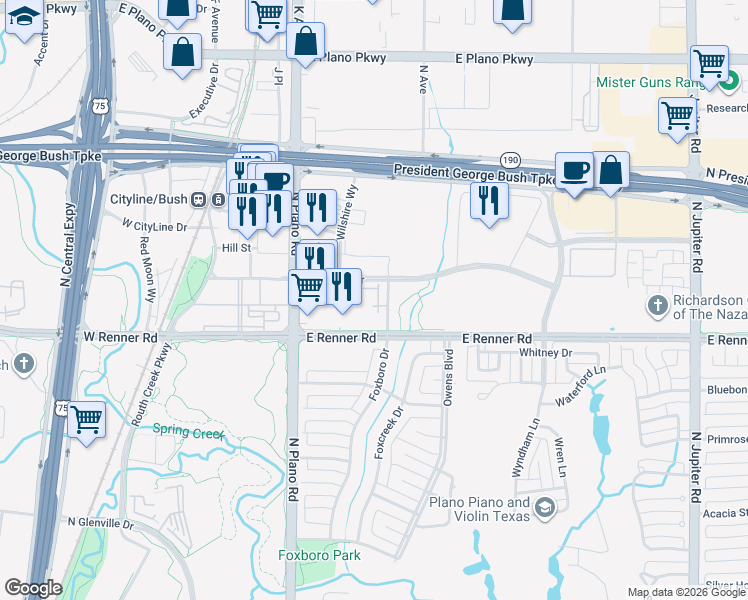map of restaurants, bars, coffee shops, grocery stores, and more near 3465 Market Row in Richardson