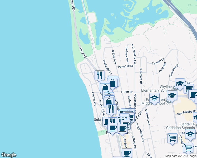 map of restaurants, bars, coffee shops, grocery stores, and more near 505 North Highway 101 in Solana Beach