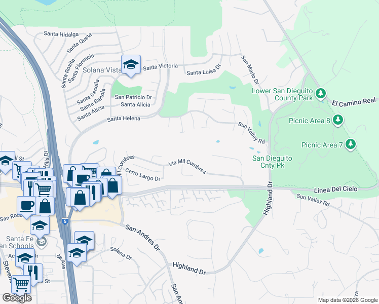 map of restaurants, bars, coffee shops, grocery stores, and more near 1202 Via Mil Cumbres in Solana Beach