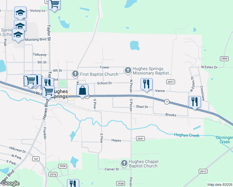 map of restaurants, bars, coffee shops, grocery stores, and more near 714A East 1st in Hughes Springs