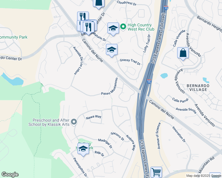 map of restaurants, bars, coffee shops, grocery stores, and more near 15620 Corte Raposo in San Diego