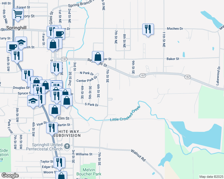 map of restaurants, bars, coffee shops, grocery stores, and more near 407 7th Street Southeast in Springhill