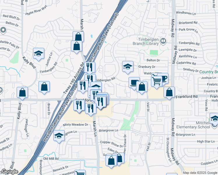 map of restaurants, bars, coffee shops, grocery stores, and more near 3613 Frankford Road in Dallas