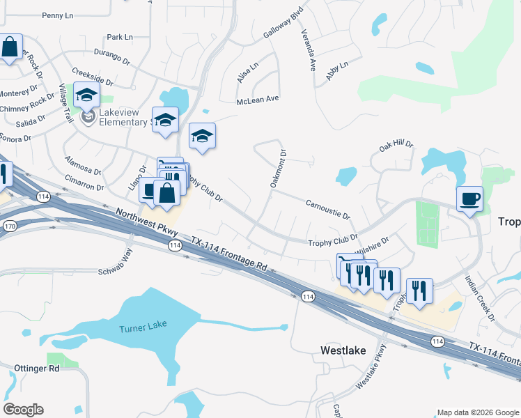 map of restaurants, bars, coffee shops, grocery stores, and more near 105 Oakmont Drive in Trophy Club