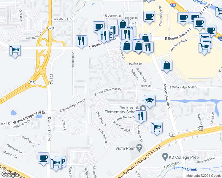 map of restaurants, bars, coffee shops, grocery stores, and more near 305 East Vista Ridge Mall Drive in Lewisville