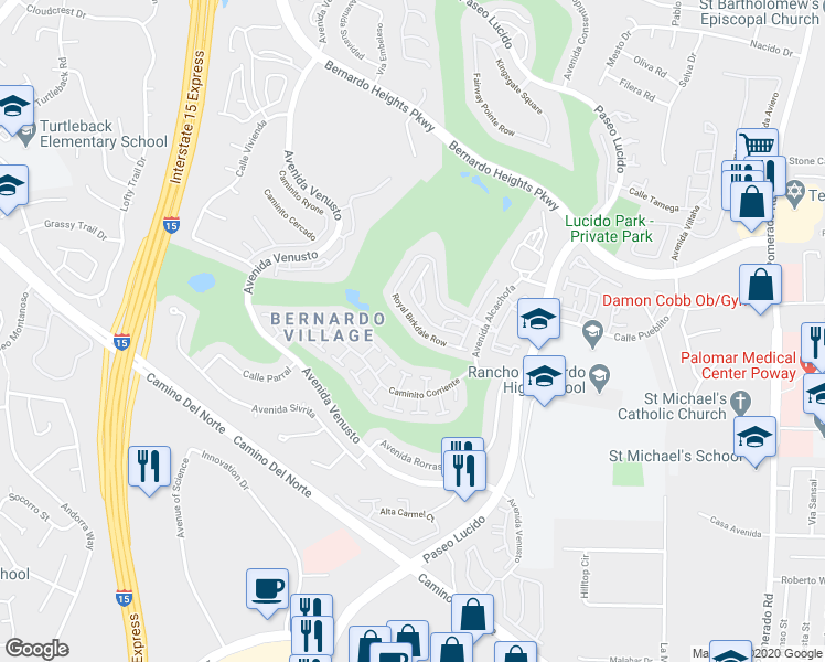 map of restaurants, bars, coffee shops, grocery stores, and more near 12052 Royal Birkdale Row in San Diego