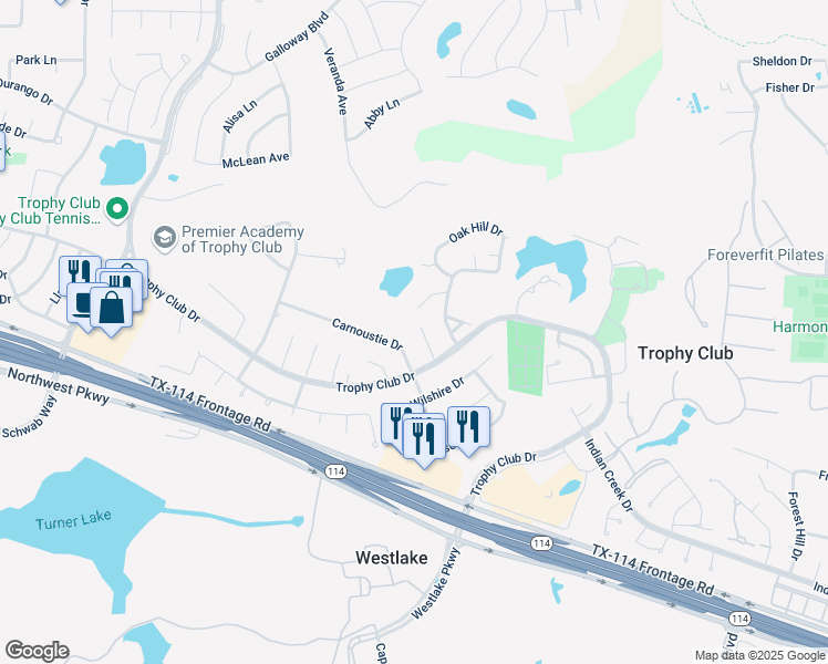map of restaurants, bars, coffee shops, grocery stores, and more near 7 Lee Court in Trophy Club