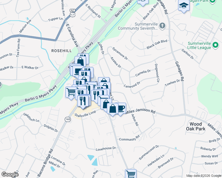 map of restaurants, bars, coffee shops, grocery stores, and more near 405 Rose Lane in Summerville