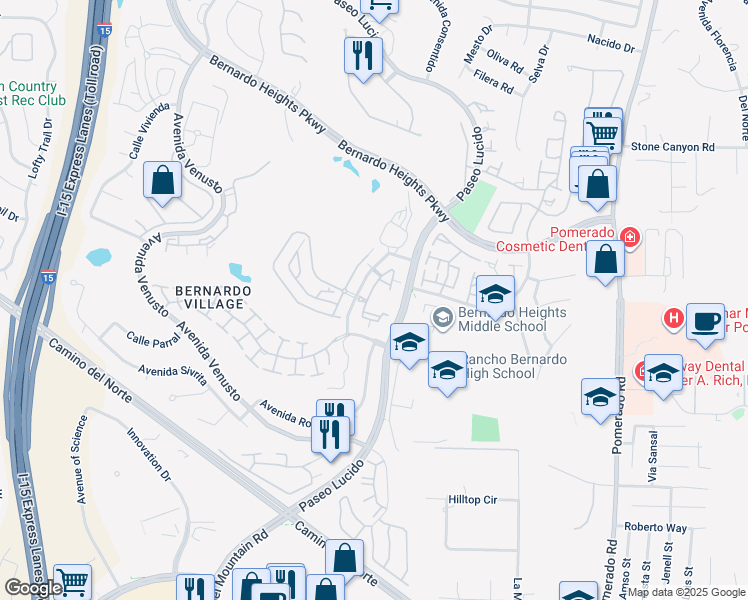 map of restaurants, bars, coffee shops, grocery stores, and more near 15639 Avenida Alcachofa in San Diego