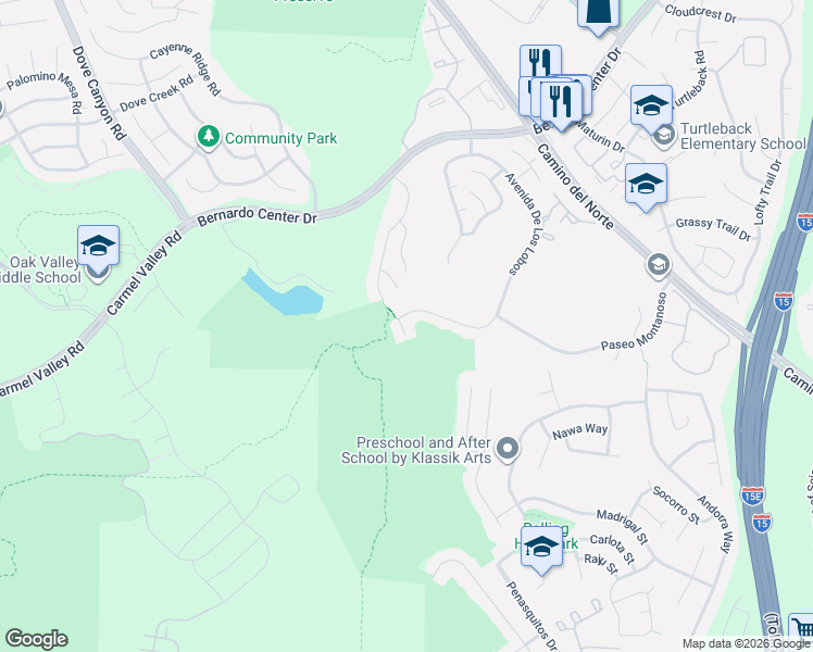 map of restaurants, bars, coffee shops, grocery stores, and more near 10840 Avenida De Los Lobos in San Diego