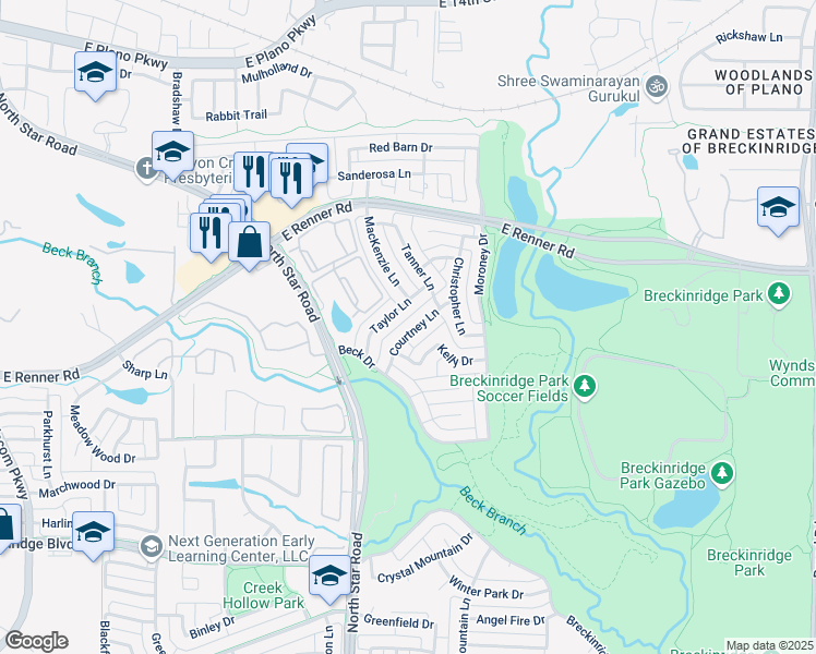 map of restaurants, bars, coffee shops, grocery stores, and more near 4412 Taylor Lane in Richardson