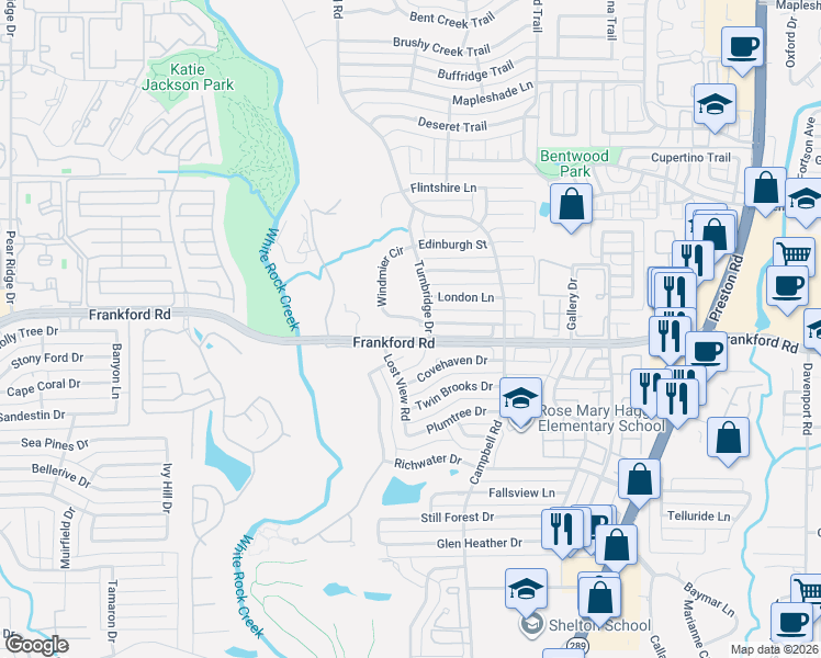 map of restaurants, bars, coffee shops, grocery stores, and more near 5802 Windmier Lane in Dallas