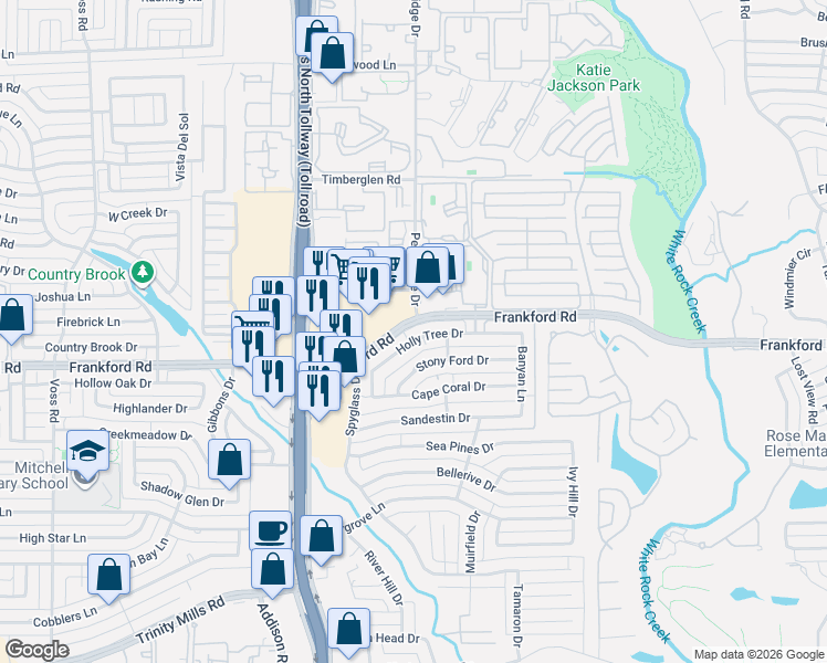 map of restaurants, bars, coffee shops, grocery stores, and more near 4807 Holly Tree Drive in Dallas