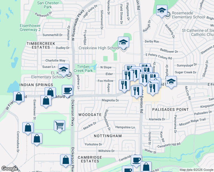 map of restaurants, bars, coffee shops, grocery stores, and more near 3109 Aspen in Carrollton