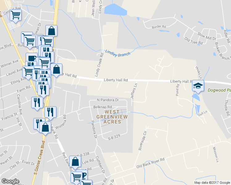 map of restaurants, bars, coffee shops, grocery stores, and more near 118 Qwin Lane in Goose Creek