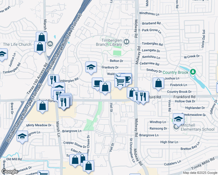 map of restaurants, bars, coffee shops, grocery stores, and more near 18212 Muir Circle in Dallas
