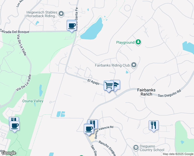 map of restaurants, bars, coffee shops, grocery stores, and more near 6314 El Apajo in Rancho Santa Fe