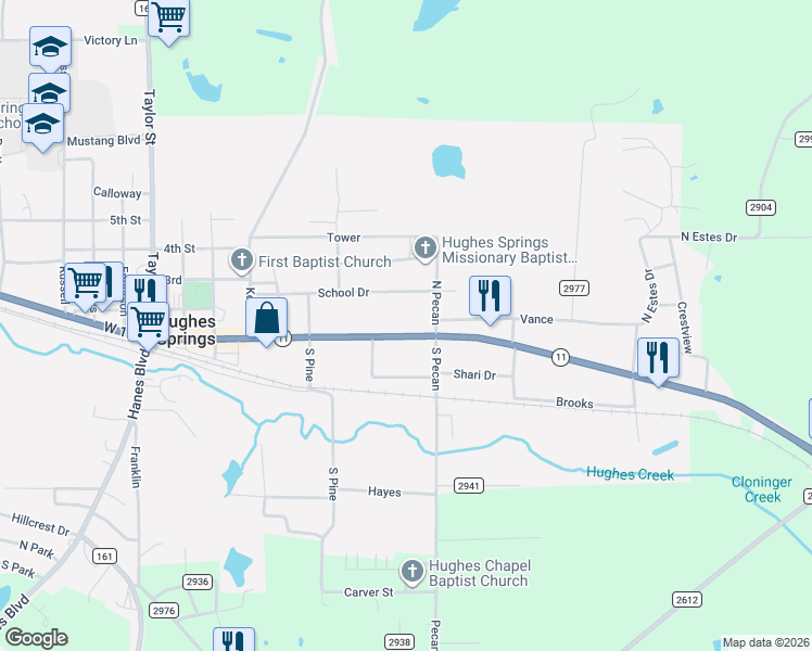 map of restaurants, bars, coffee shops, grocery stores, and more near 812 East 1st in Hughes Springs