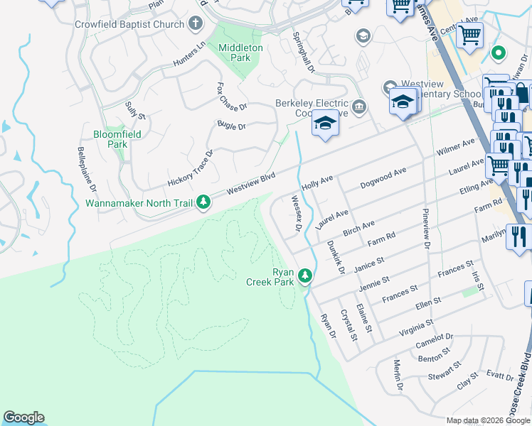 map of restaurants, bars, coffee shops, grocery stores, and more near 340 Holly Avenue in Goose Creek