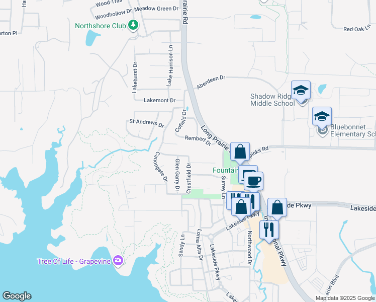 map of restaurants, bars, coffee shops, grocery stores, and more near 2620 Lismore Drive in Flower Mound