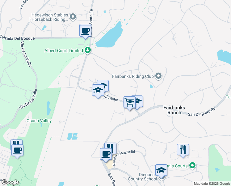 map of restaurants, bars, coffee shops, grocery stores, and more near 6314 El Apajo in Rancho Santa Fe