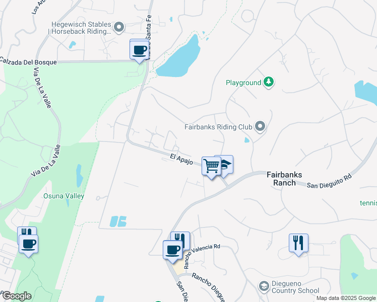 map of restaurants, bars, coffee shops, grocery stores, and more near 6314 El Apajo in Rancho Santa Fe