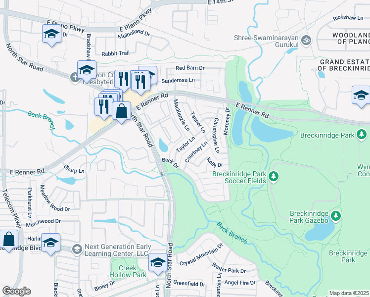 map of restaurants, bars, coffee shops, grocery stores, and more near 4412 Taylor Lane in Richardson