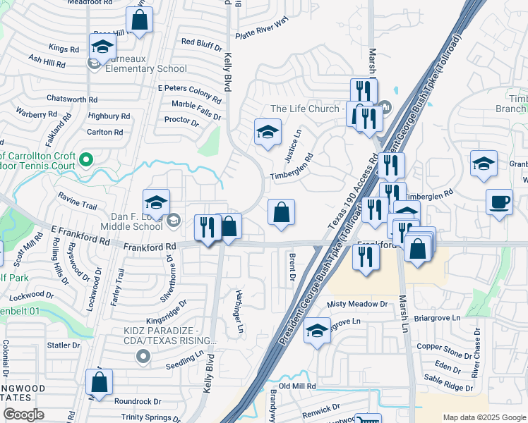 map of restaurants, bars, coffee shops, grocery stores, and more near 18062 Kelly Circle in Dallas