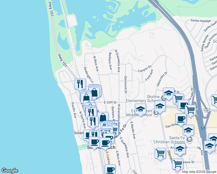map of restaurants, bars, coffee shops, grocery stores, and more near 525 Barbara Avenue in Solana Beach